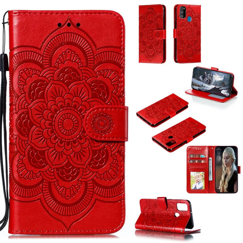 Imprint Mandala Flower Leather Wallet Stand Case for Samsung Galaxy M30s / M21 - Red - 1