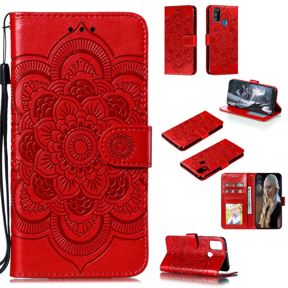 Imprint Mandala Flower Leather Wallet Stand Case for Samsung Galaxy M30s / M21 - Red - 1