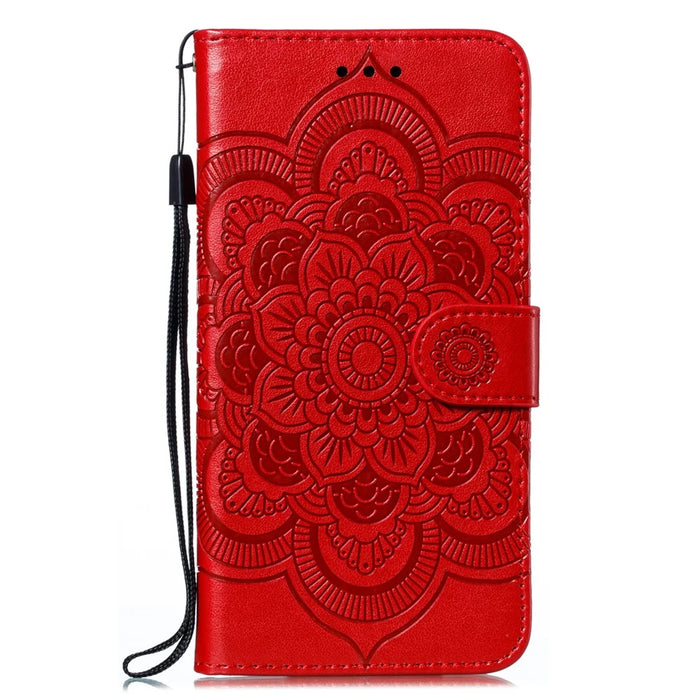 Imprint Mandala Flower Leather Wallet Stand Case for Samsung Galaxy M30s / M21 - Red - 2