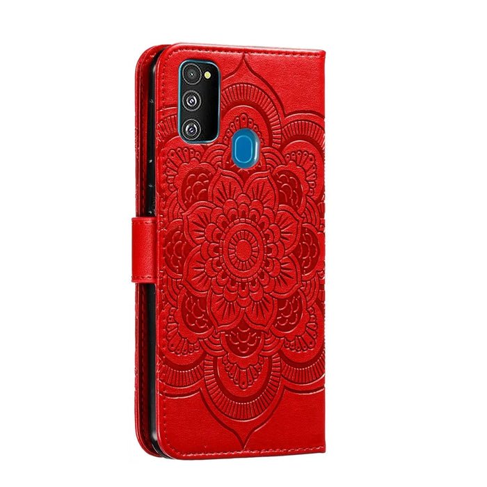 Imprint Mandala Flower Leather Wallet Stand Case for Samsung Galaxy M30s / M21 - Red - 4