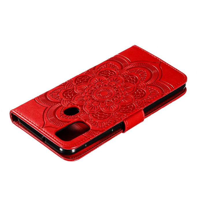 Imprint Mandala Flower Leather Wallet Stand Case for Samsung Galaxy M30s / M21 - Red - 6