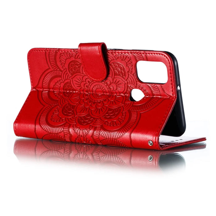 Imprint Mandala Flower Leather Wallet Stand Case for Samsung Galaxy M30s / M21 - Red - 7
