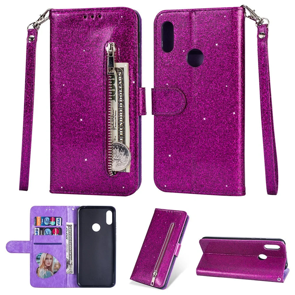 Glitter Powder Zippered Stand Leather Wallet Case with Strap for Samsung Galaxy A10s - Purple - 1