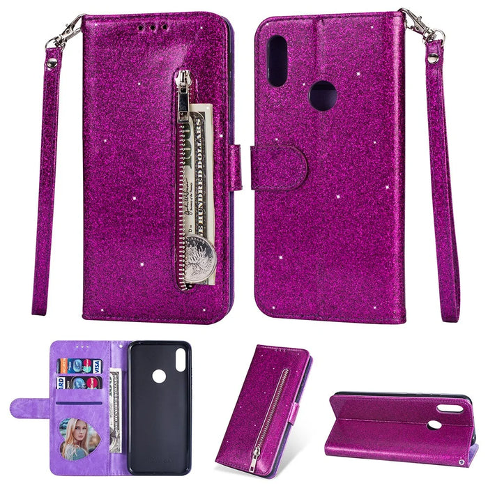 Glitter Powder Zippered Stand Leather Wallet Case with Strap for Samsung Galaxy A10s - Purple - 1