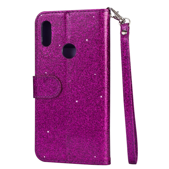 Glitter Powder Zippered Stand Leather Wallet Case with Strap for Samsung Galaxy A10s - Purple - 3