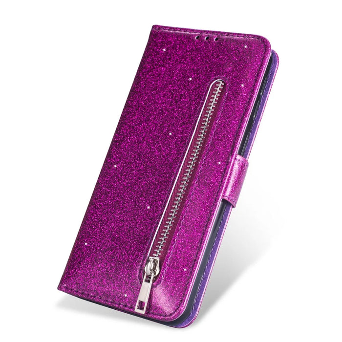 Glitter Powder Zippered Stand Leather Wallet Case with Strap for Samsung Galaxy A10s - Purple - 7