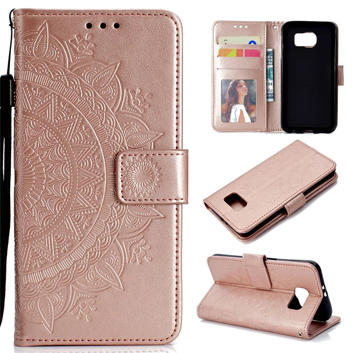 Imprint Flower Leather Wallet Stand Case for Samsung Galaxy S6 G920 - Rose Gold - 1