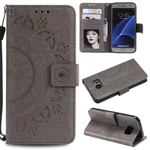 Imprint Flower Magnetic Leather Stand Case for Samsung Galaxy S7 SM-G930 - Grey - 1