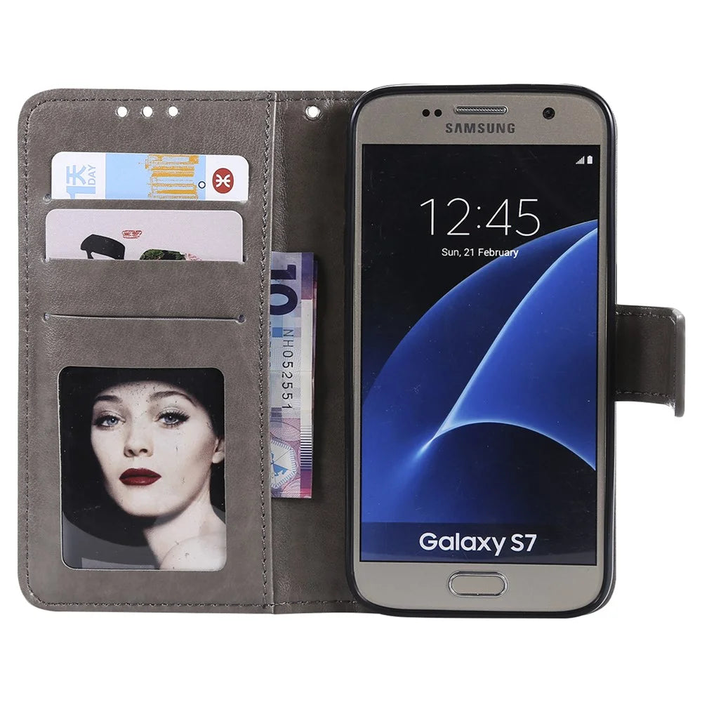 Imprint Flower Magnetic Leather Stand Case for Samsung Galaxy S7 SM-G930 - Grey - 4