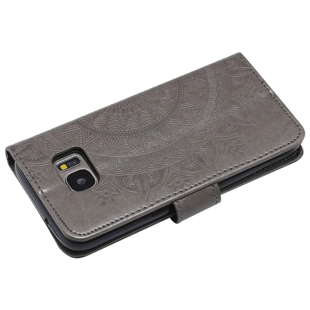 Imprint Flower Magnetic Leather Stand Case for Samsung Galaxy S7 SM-G930 - Grey - 6