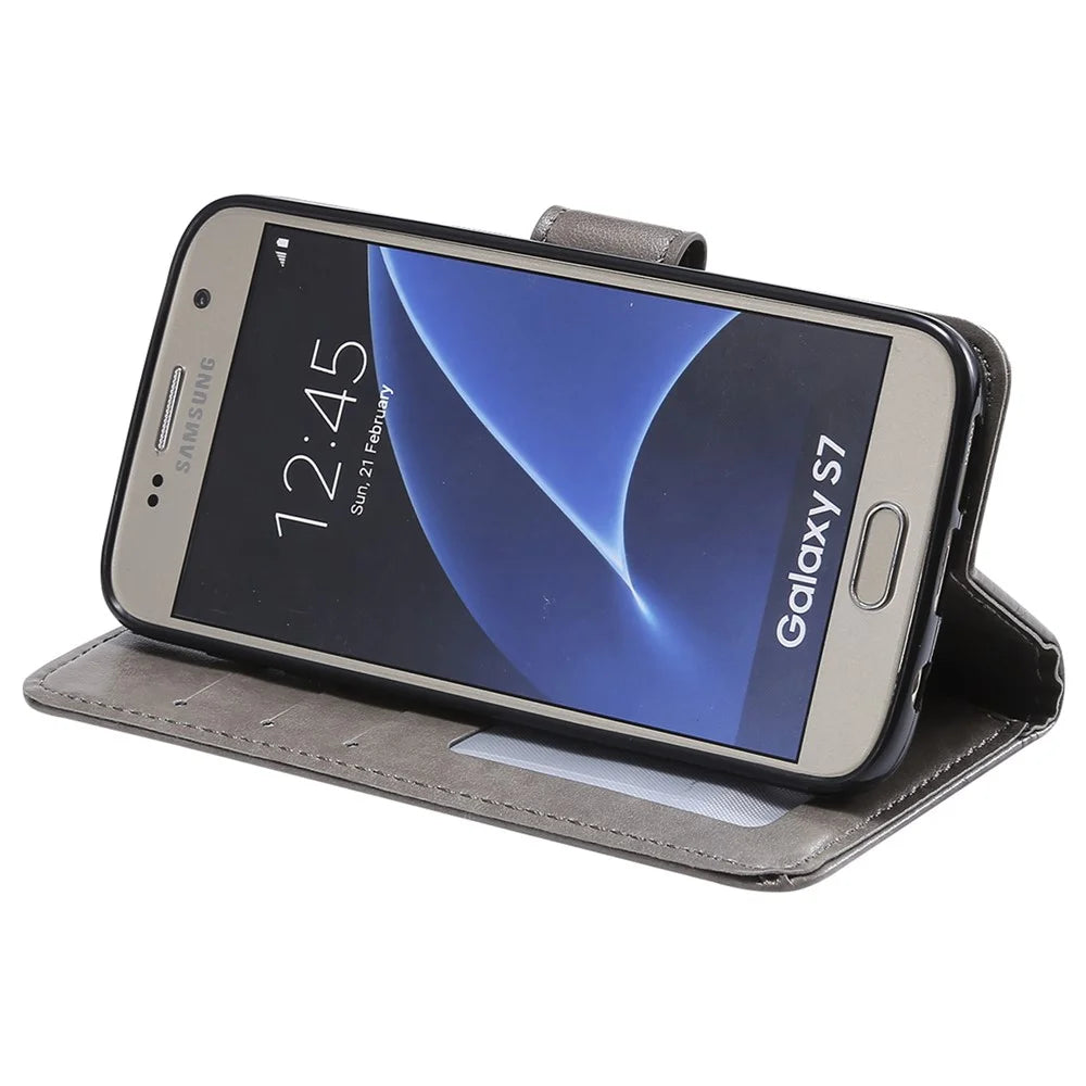 Imprint Flower Magnetic Leather Stand Case for Samsung Galaxy S7 SM-G930 - Grey - 7
