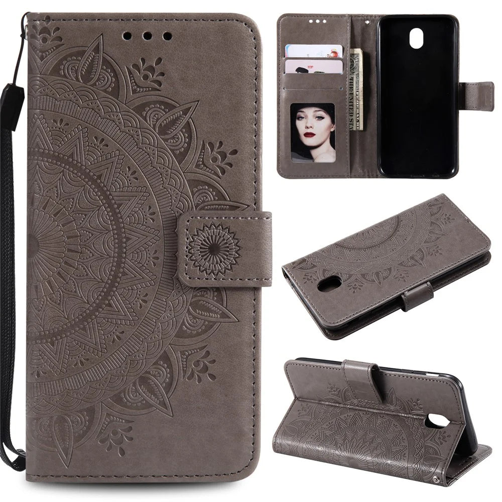 Imprint Flower PU Leather Wallet Case for Samsung Galaxy J3 Pro (2017) / J3 (2017) EU Version - Grey - 1