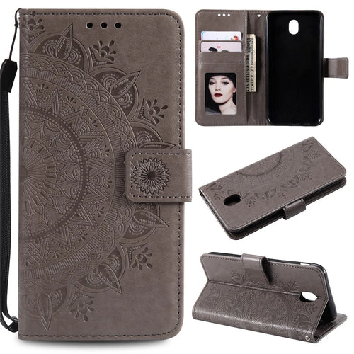 Imprint Flower PU Leather Wallet Case for Samsung Galaxy J3 Pro (2017) / J3 (2017) EU Version - Grey - 1