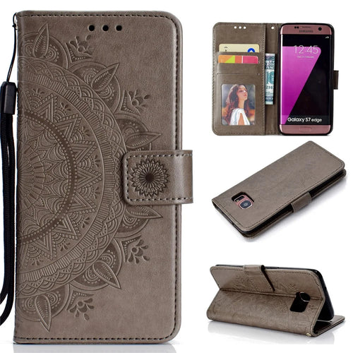 Imprint Flower Leather Wallet Case for Samsung Galaxy S7 edge SM-G935 - Grey - 1
