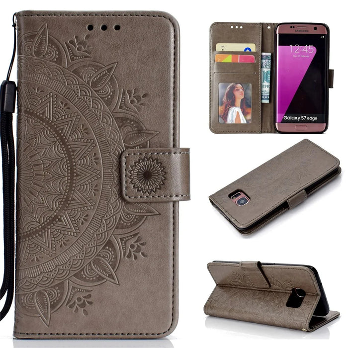 Imprint Flower Leather Wallet Case for Samsung Galaxy S7 edge SM-G935 - Grey - 1