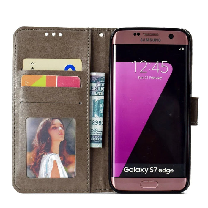 Imprint Flower Leather Wallet Case for Samsung Galaxy S7 edge SM-G935 - Grey - 4