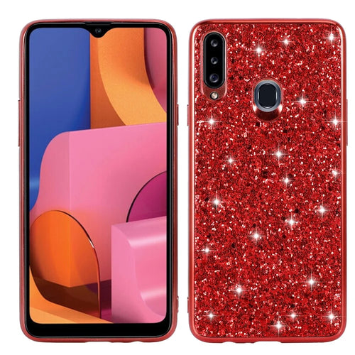 Sparkle Sequins Electroplating TPU Frame+PC Phone Protective Case for Samsung Galaxy A20s - Red - 1