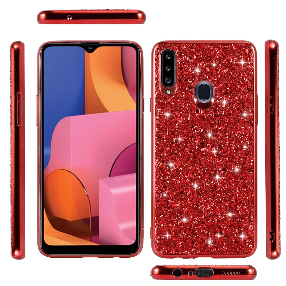 Sparkle Sequins Electroplating TPU Frame+PC Phone Protective Case for Samsung Galaxy A20s - Red - 2