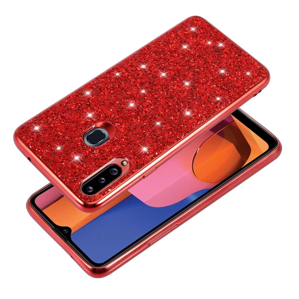 Sparkle Sequins Electroplating TPU Frame+PC Phone Protective Case for Samsung Galaxy A20s - Red - 3