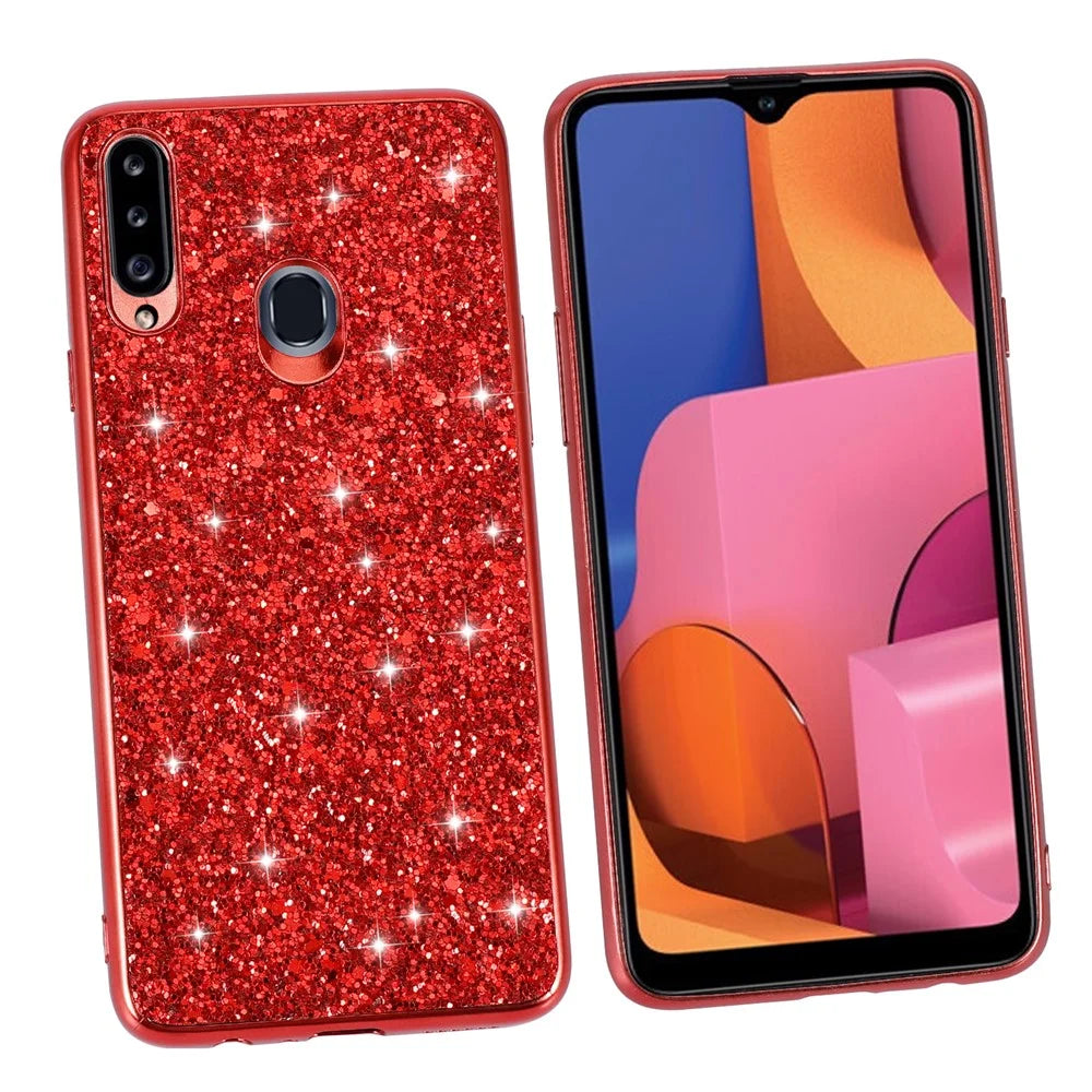 Sparkle Sequins Electroplating TPU Frame+PC Phone Protective Case for Samsung Galaxy A20s - Red - 4