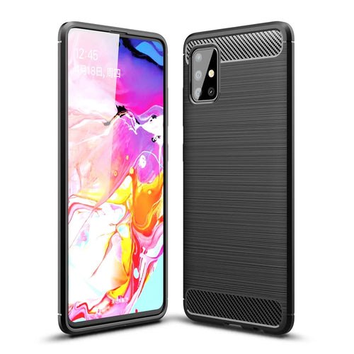 Carbon Fiber Texture Brushed TPU Case for Samsung Galaxy A51, Heavy Duty Shockproof Phone Protector - Black - 1