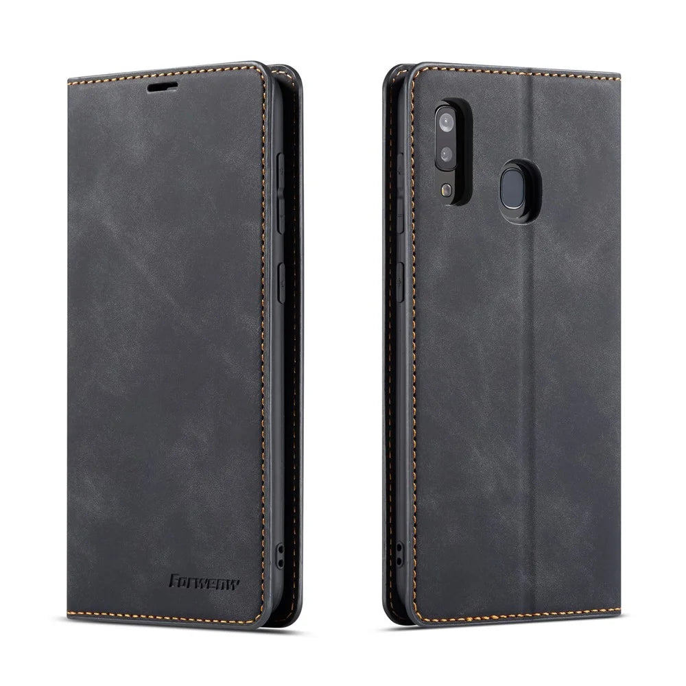 FORWENW for Samsung Galaxy A20e Fantasy Series Auto-absorbed Silky Touch Leather Wallet Cover - Black - 1
