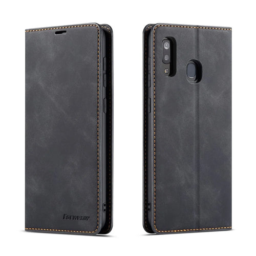 FORWENW for Samsung Galaxy A20e Fantasy Series Auto-absorbed Silky Touch Leather Wallet Cover - Black - 1