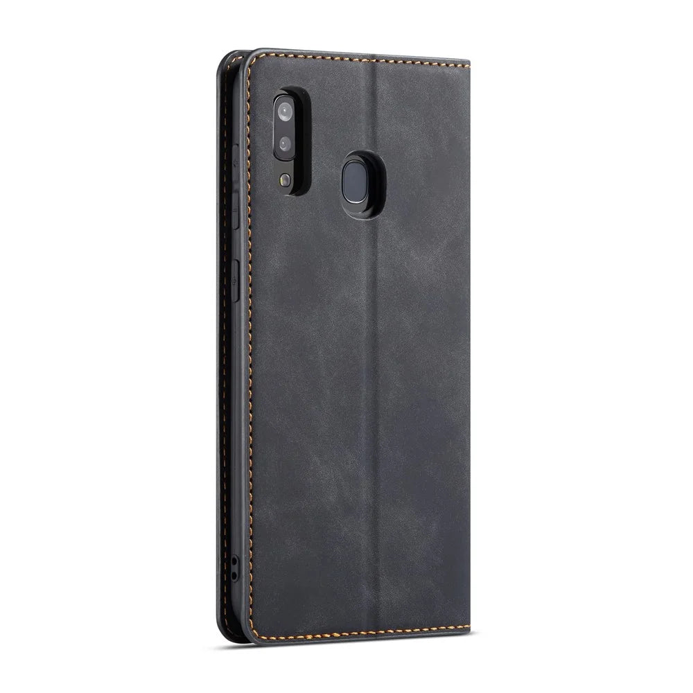 FORWENW for Samsung Galaxy A20e Fantasy Series Auto-absorbed Silky Touch Leather Wallet Cover - Black - 2