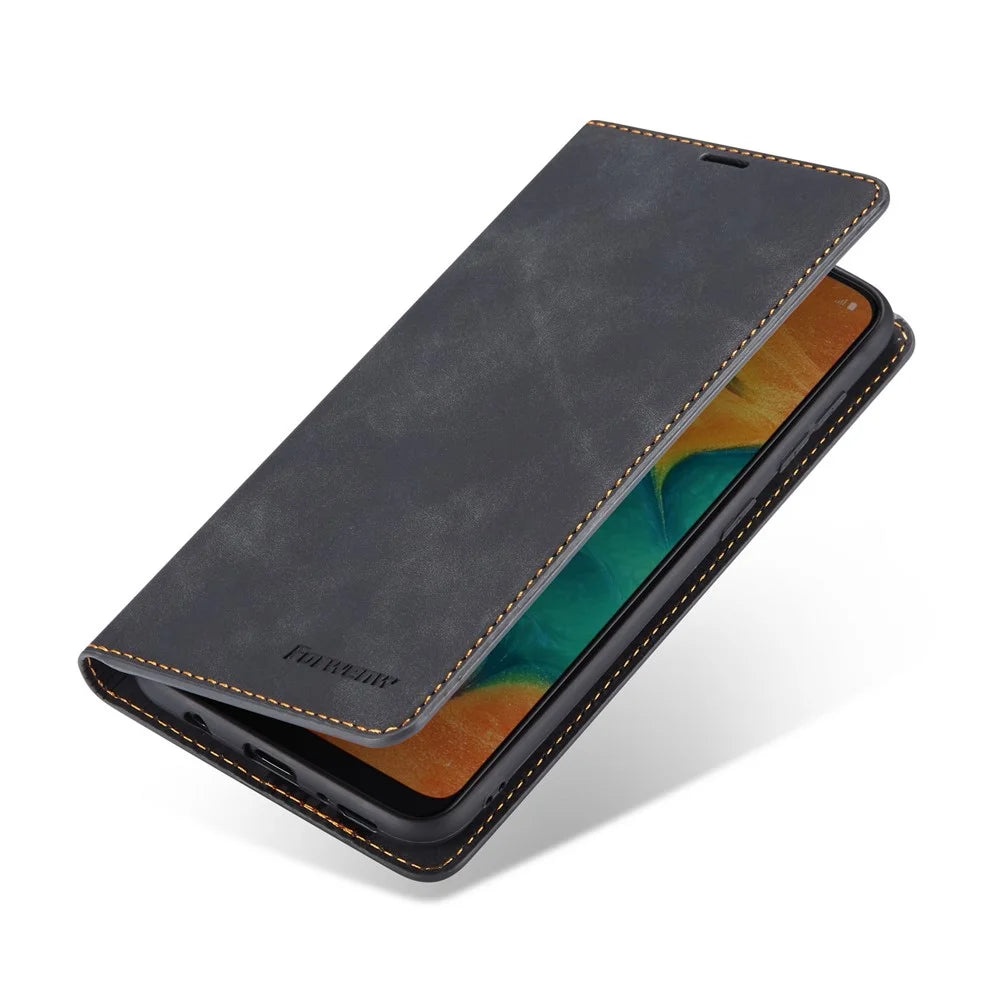 FORWENW for Samsung Galaxy A20e Fantasy Series Auto-absorbed Silky Touch Leather Wallet Cover - Black - 5