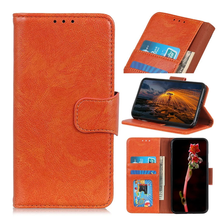Nappa Texture Split Leather Wallet Stand Phone Cover Shell for Samsung Galaxy A51 - Orange - 1
