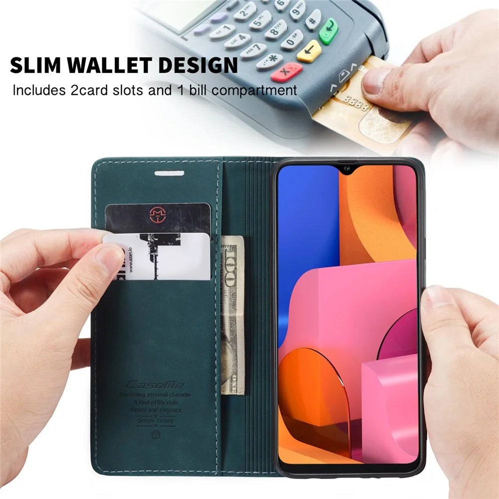 CASEME 013 Series Auto-absorbed Leather Wallet Case with Stand for Samsung Galaxy A20s - Blue - 4