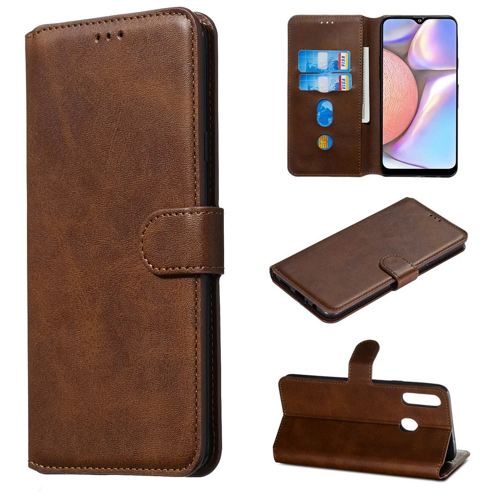 For Samsung Galaxy A20s Solid Color Protective Leather Wallet Cover Shell - Brown - 1