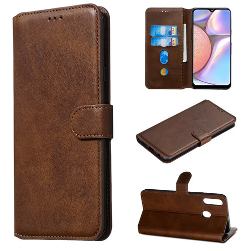 For Samsung Galaxy A20s Solid Color Protective Leather Wallet Cover Shell - Brown - 1