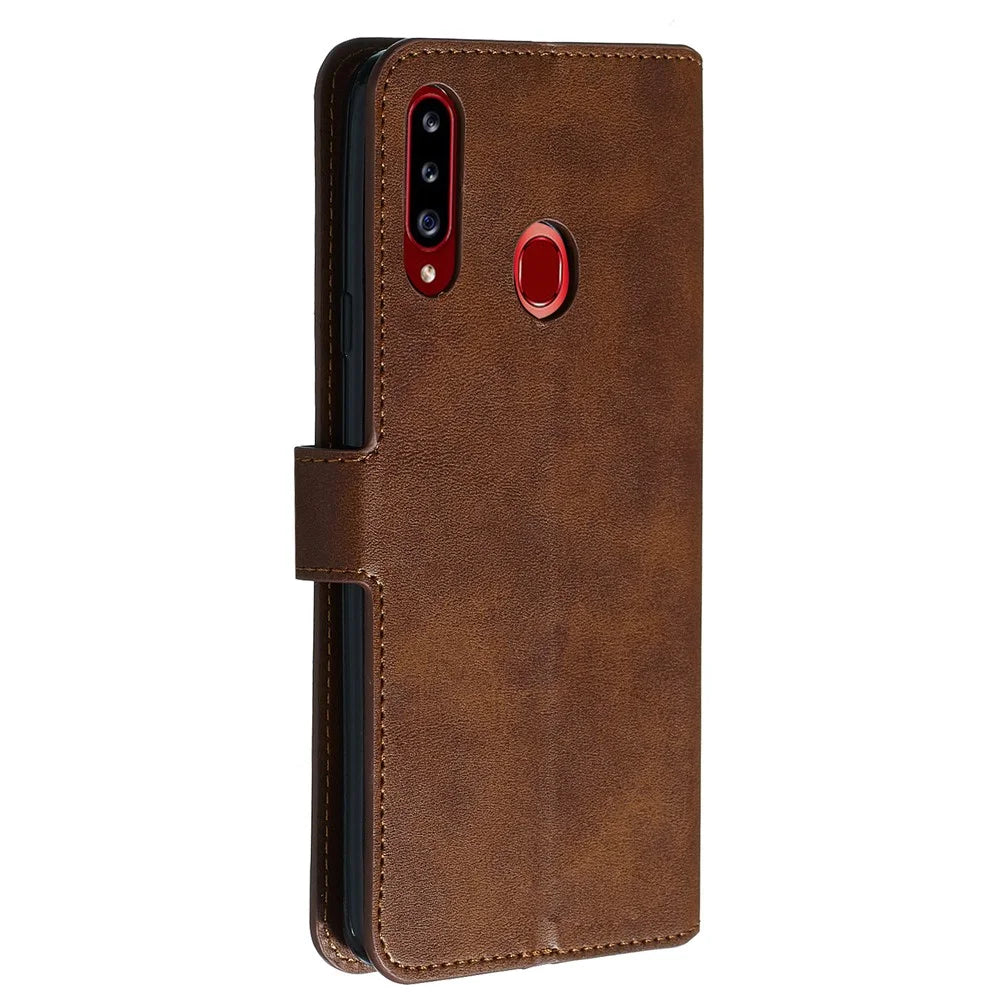 For Samsung Galaxy A20s Solid Color Protective Leather Wallet Cover Shell - Brown - 3
