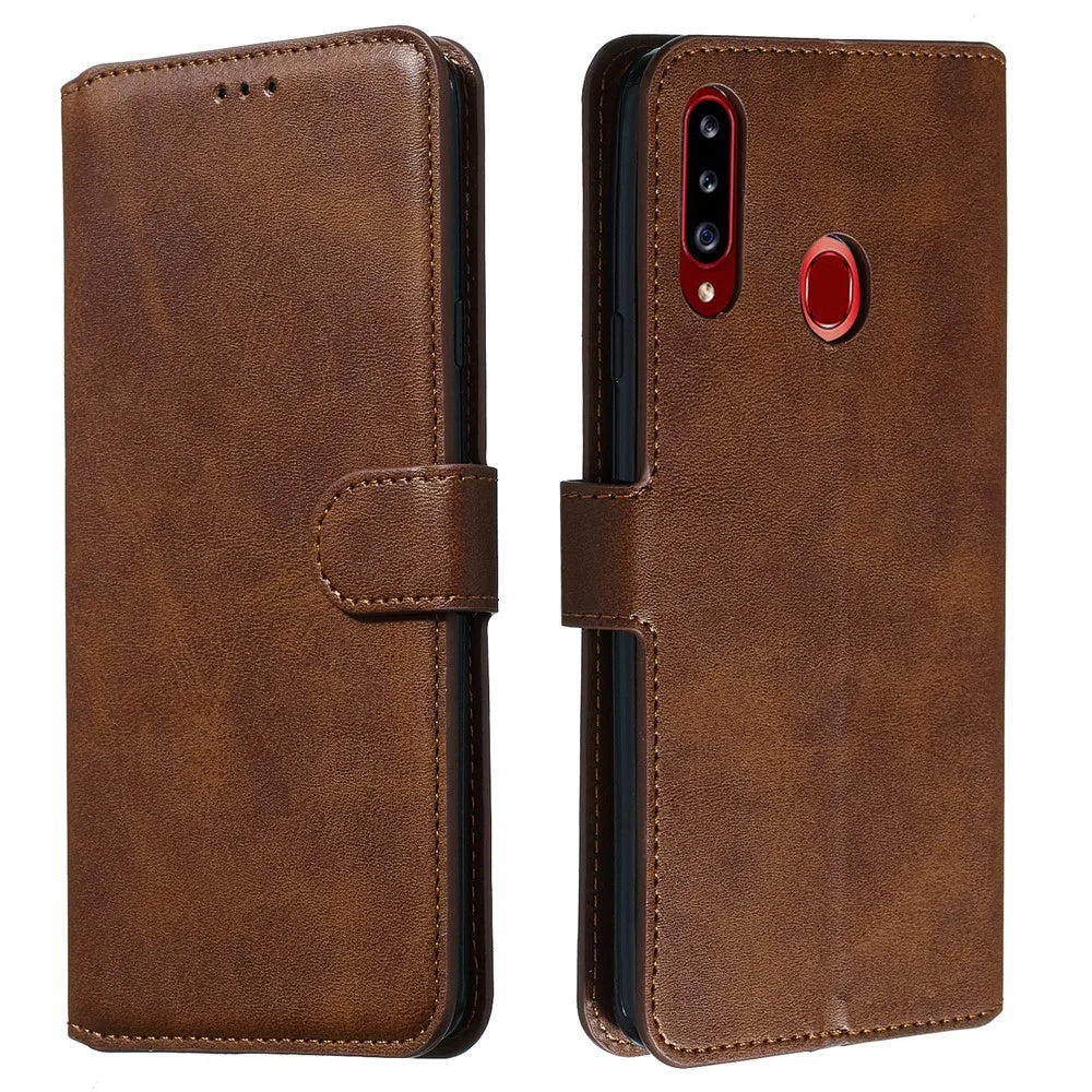 For Samsung Galaxy A20s Solid Color Protective Leather Wallet Cover Shell - Brown - 4
