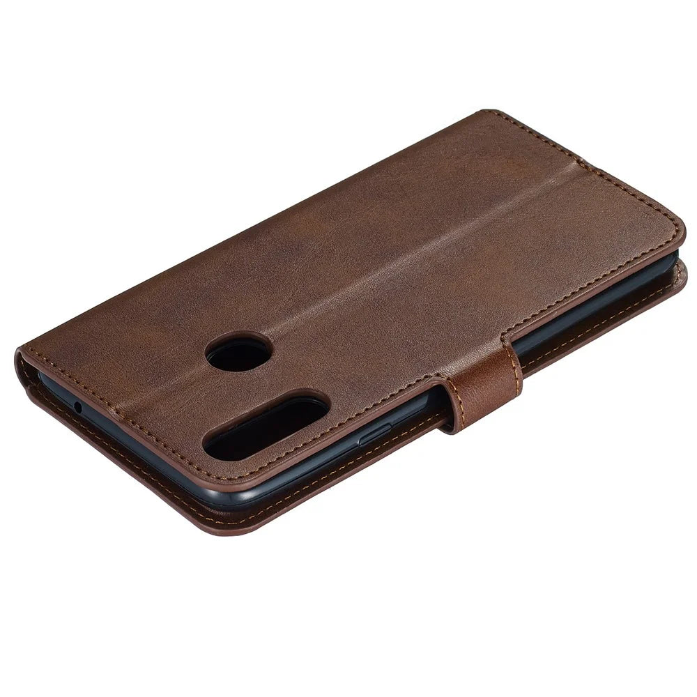 For Samsung Galaxy A20s Solid Color Protective Leather Wallet Cover Shell - Brown - 6