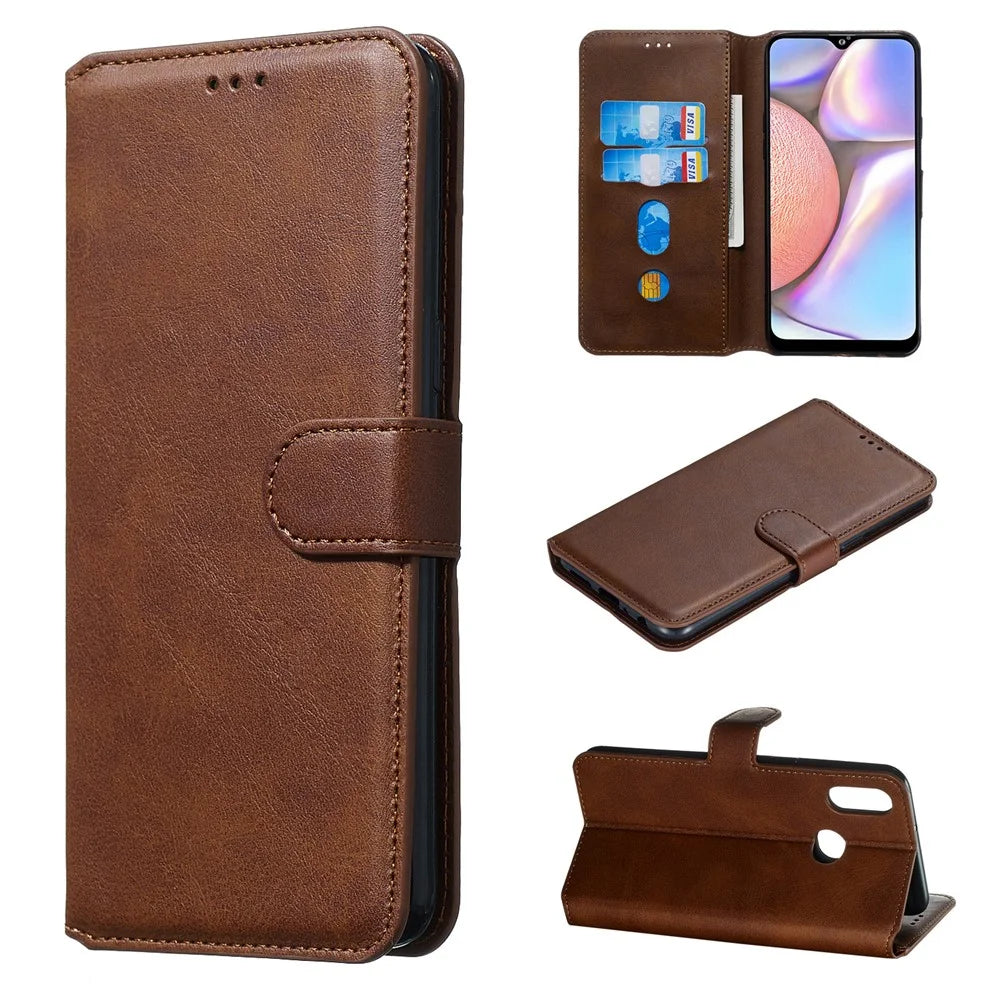 Solid Color Wallet Stand Leather Protective Case for Samsung Galaxy A10s - Brown - 1