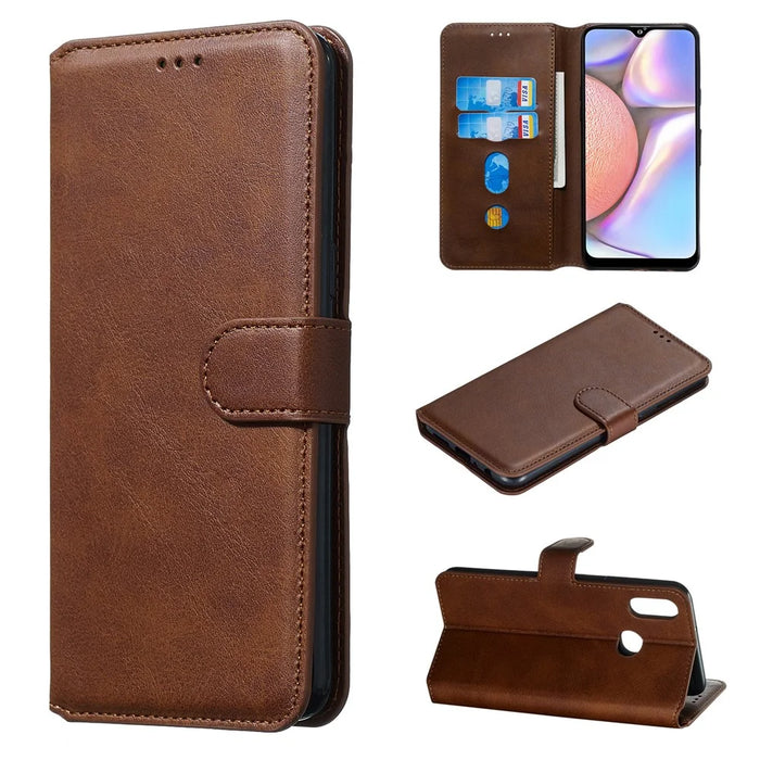 Solid Color Wallet Stand Leather Protective Case for Samsung Galaxy A10s - Brown - 1