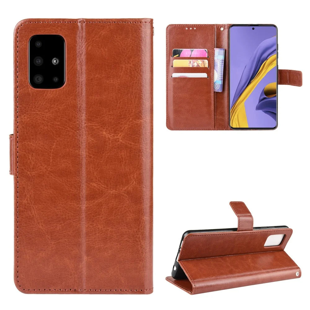 Crazy Horse Skin Wallet Leather Stand Case for Samsung Galaxy A51 - Brown - 1