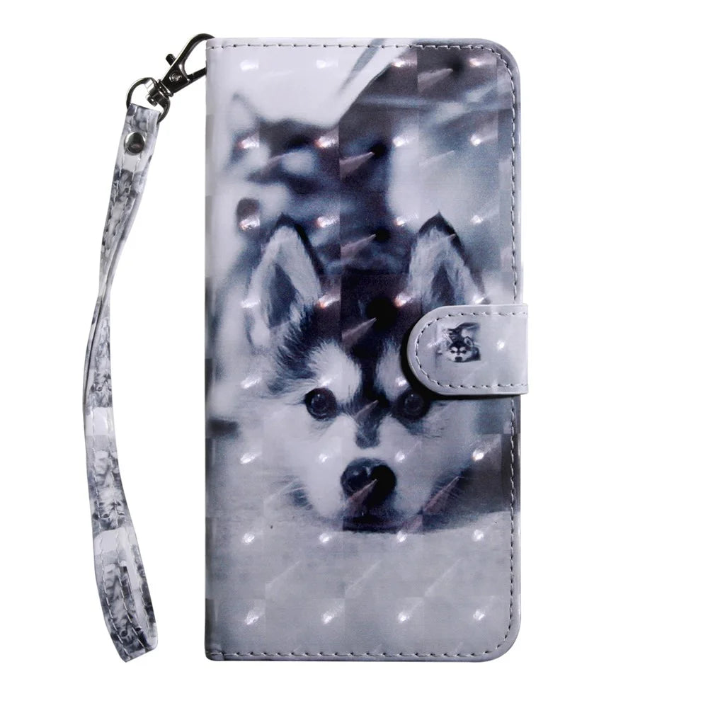 Light Spot Decor Patterned Leather Wallet Case for Samsung Galaxy A51 - Black and White Wolf - 2