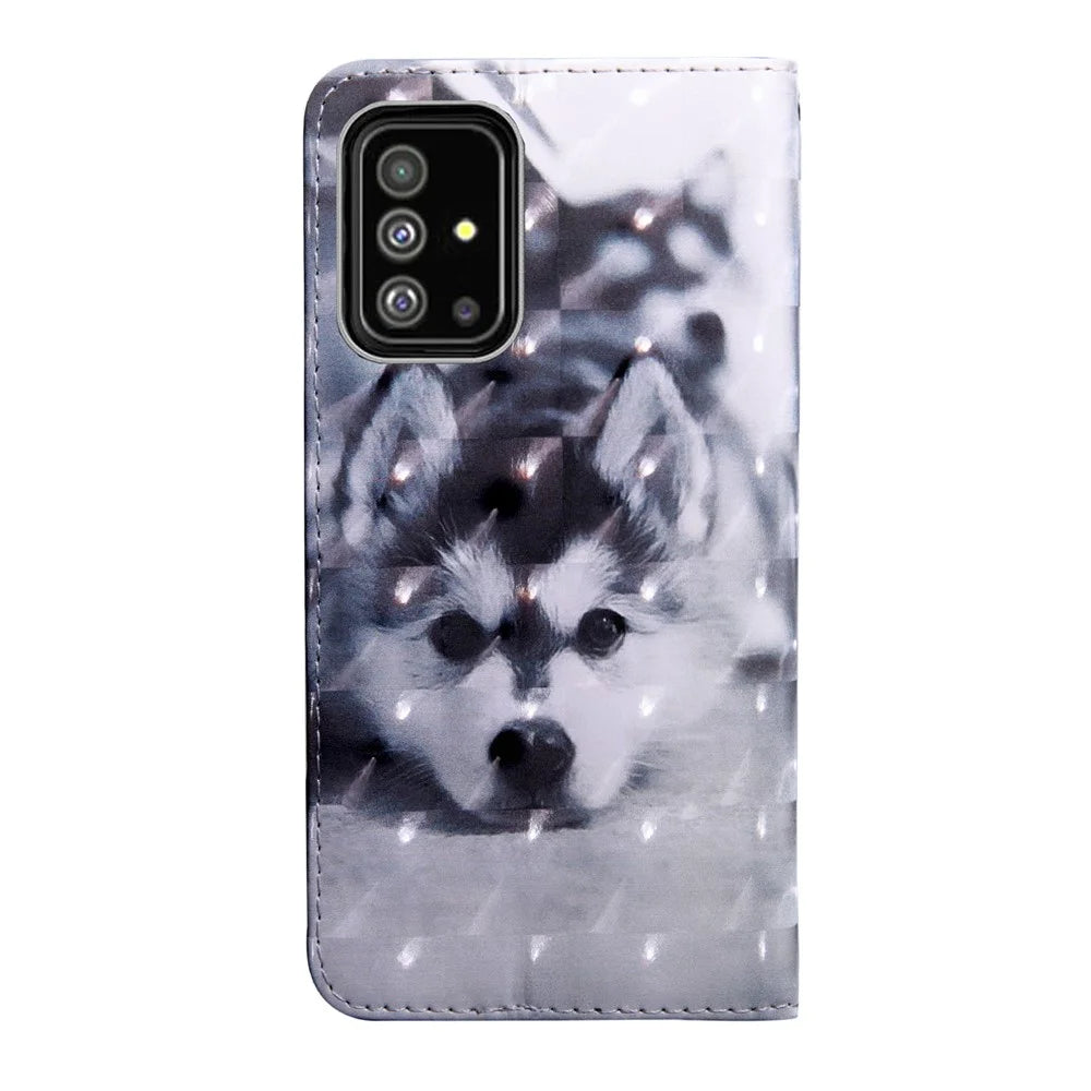Light Spot Decor Patterned Leather Wallet Case for Samsung Galaxy A51 - Black and White Wolf - 3