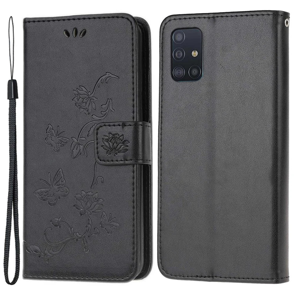 Imprint Butterfly Flower Skin PU Leather Flip Cell Case for Samsung Galaxy A51 - Black - 1
