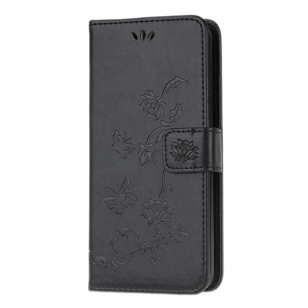 Imprint Butterfly Flower Skin PU Leather Flip Cell Case for Samsung Galaxy A51 - Black - 2