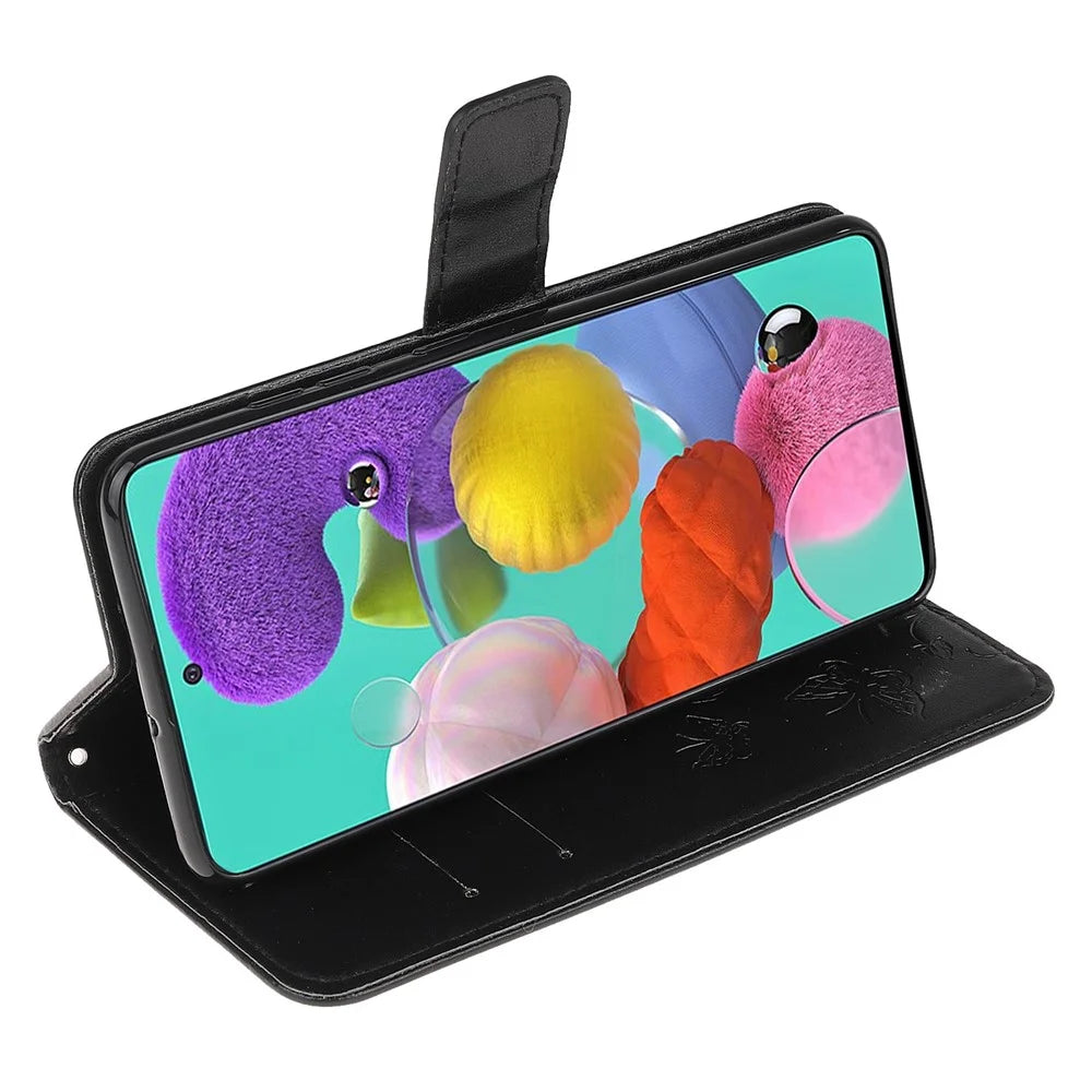 Imprint Butterfly Flower Skin PU Leather Flip Cell Case for Samsung Galaxy A51 - Black - 4