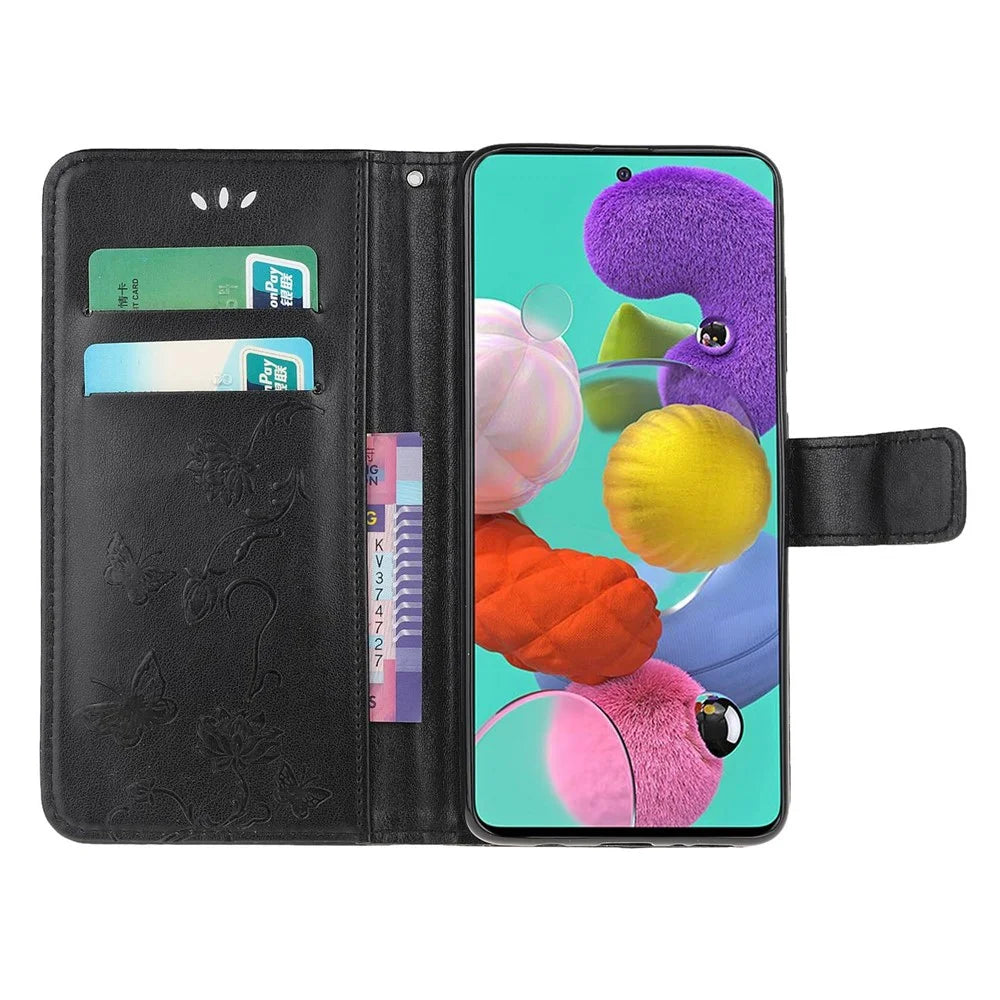 Imprint Butterfly Flower Skin PU Leather Flip Cell Case for Samsung Galaxy A51 - Black - 5