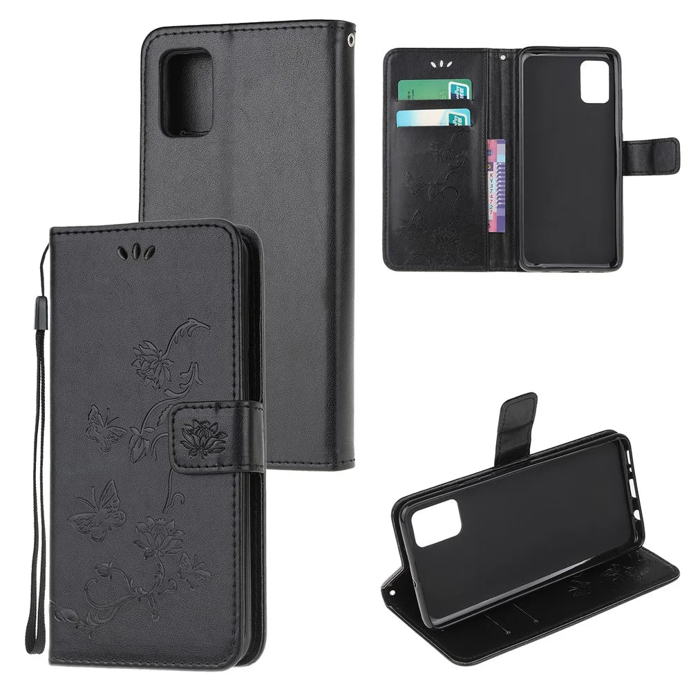 Imprint Butterfly Flower Surface PU Leather Flip Case for Samsung Galaxy A71 - Black - 1