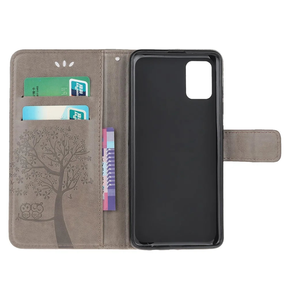 For Samsung Galaxy A51 Imprint Tree Owl Wallet Leather Protective Case - Grey - 5