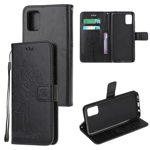 Imprint Tree Owl Leather Wallet Stand Phone Shell for Samsung Galaxy A71 - Black - 1