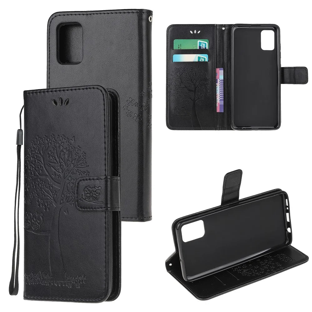 Imprint Tree Owl Leather Wallet Stand Phone Shell for Samsung Galaxy A71 - Black - 1