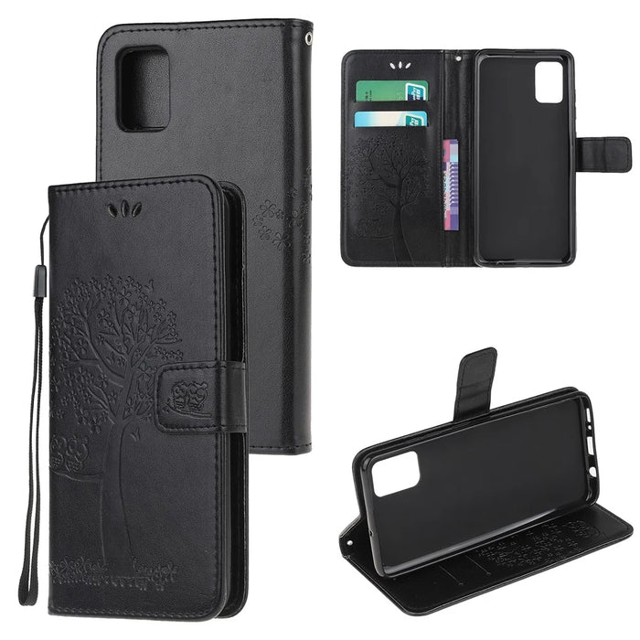 Imprint Tree Owl Leather Wallet Stand Phone Shell for Samsung Galaxy A71 - Black - 1